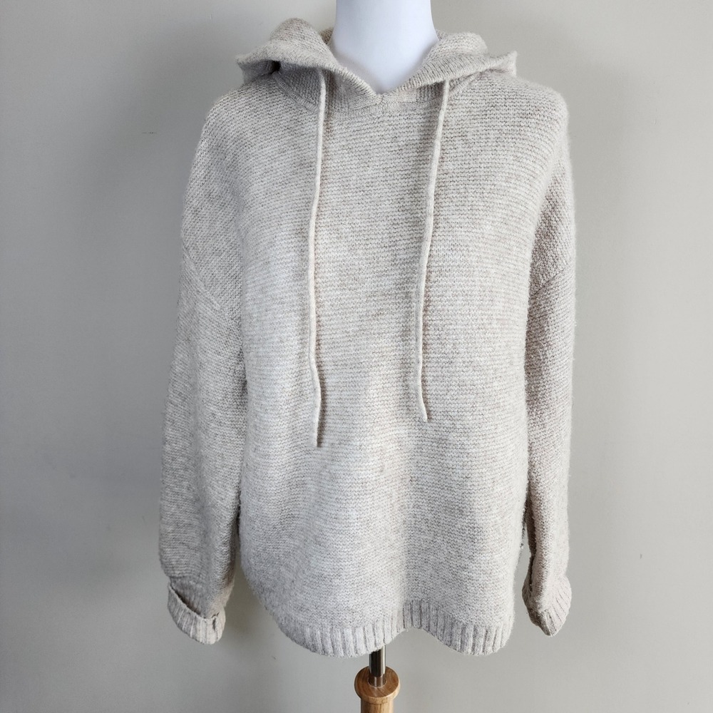 Simons Chunky Knit Hoodie Womens XS Beige Wool Blend Sweater Soft Neutral Winter